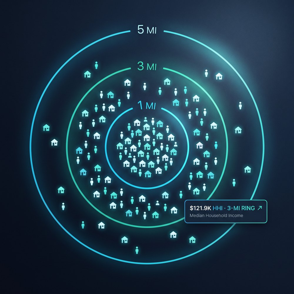 1, 3, and 5-mile demographic rings