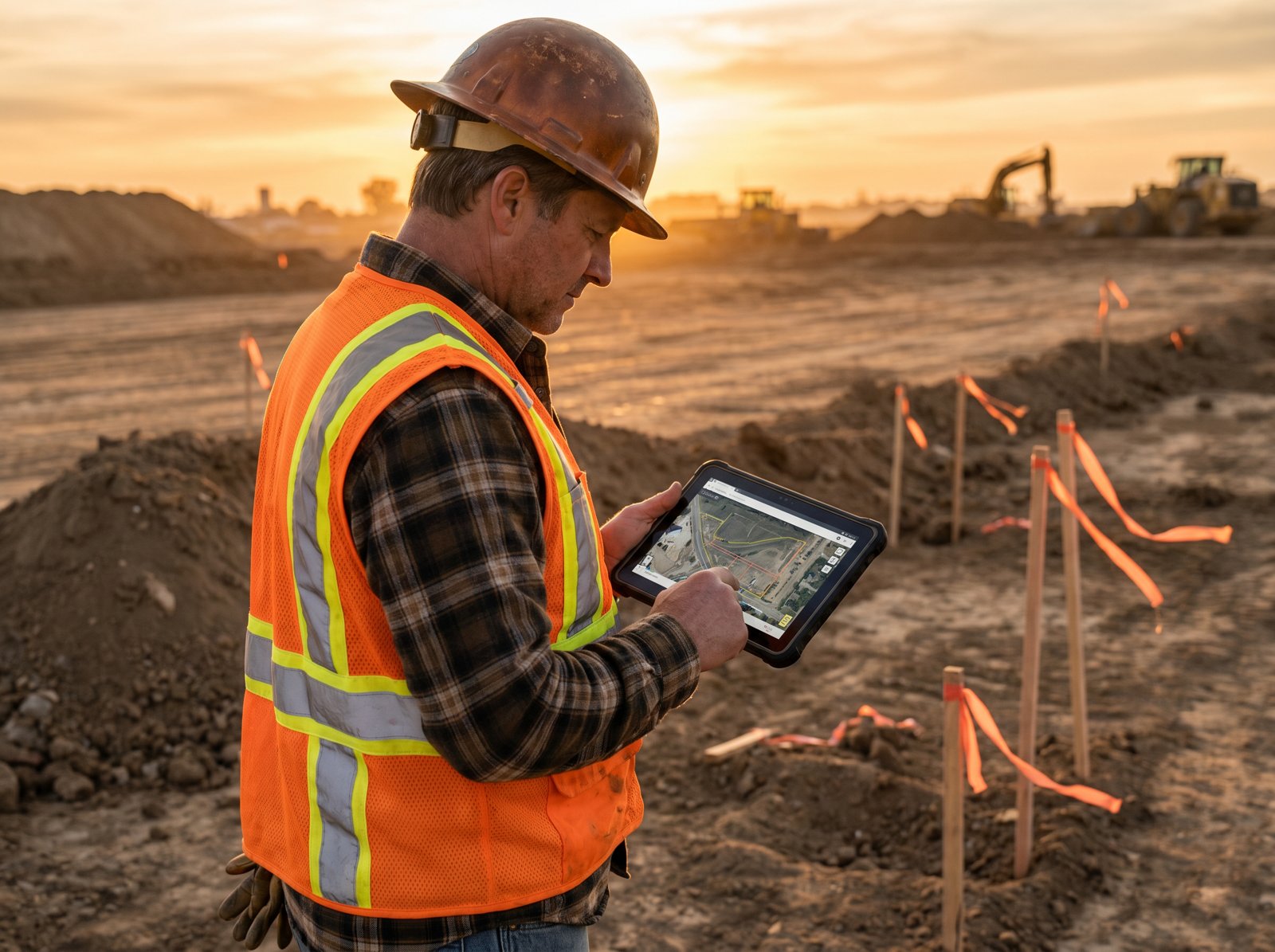 Builder reviewing a site report on tablet at a graded lot