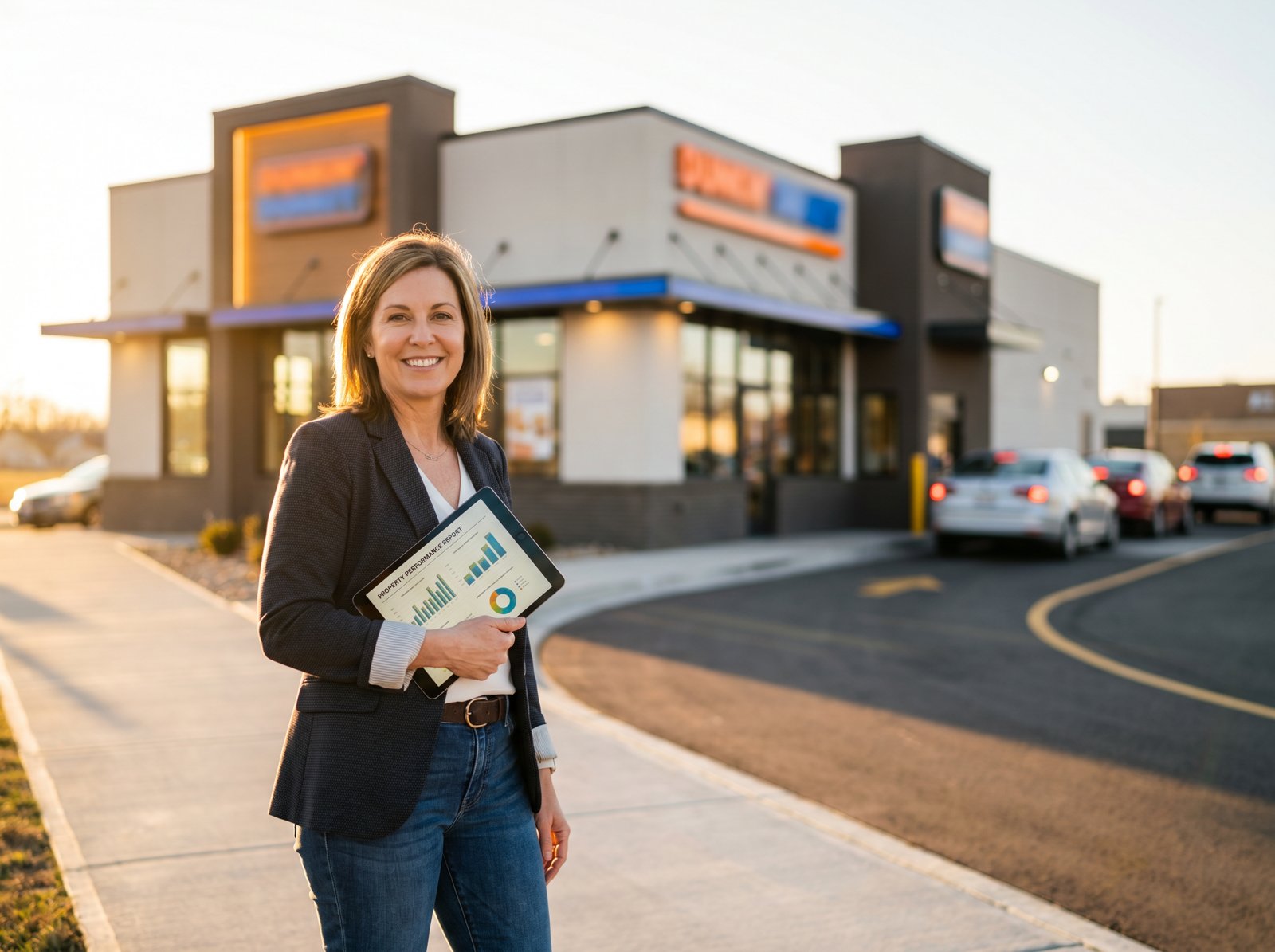 Franchise owner in front of a completed QSR outparcel